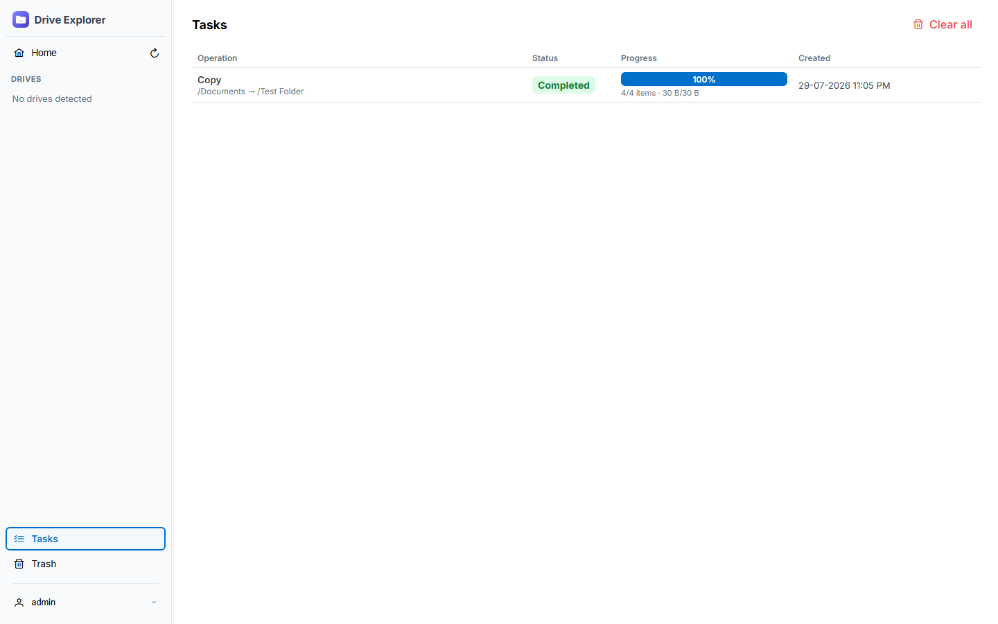 Tasks page showing background job history