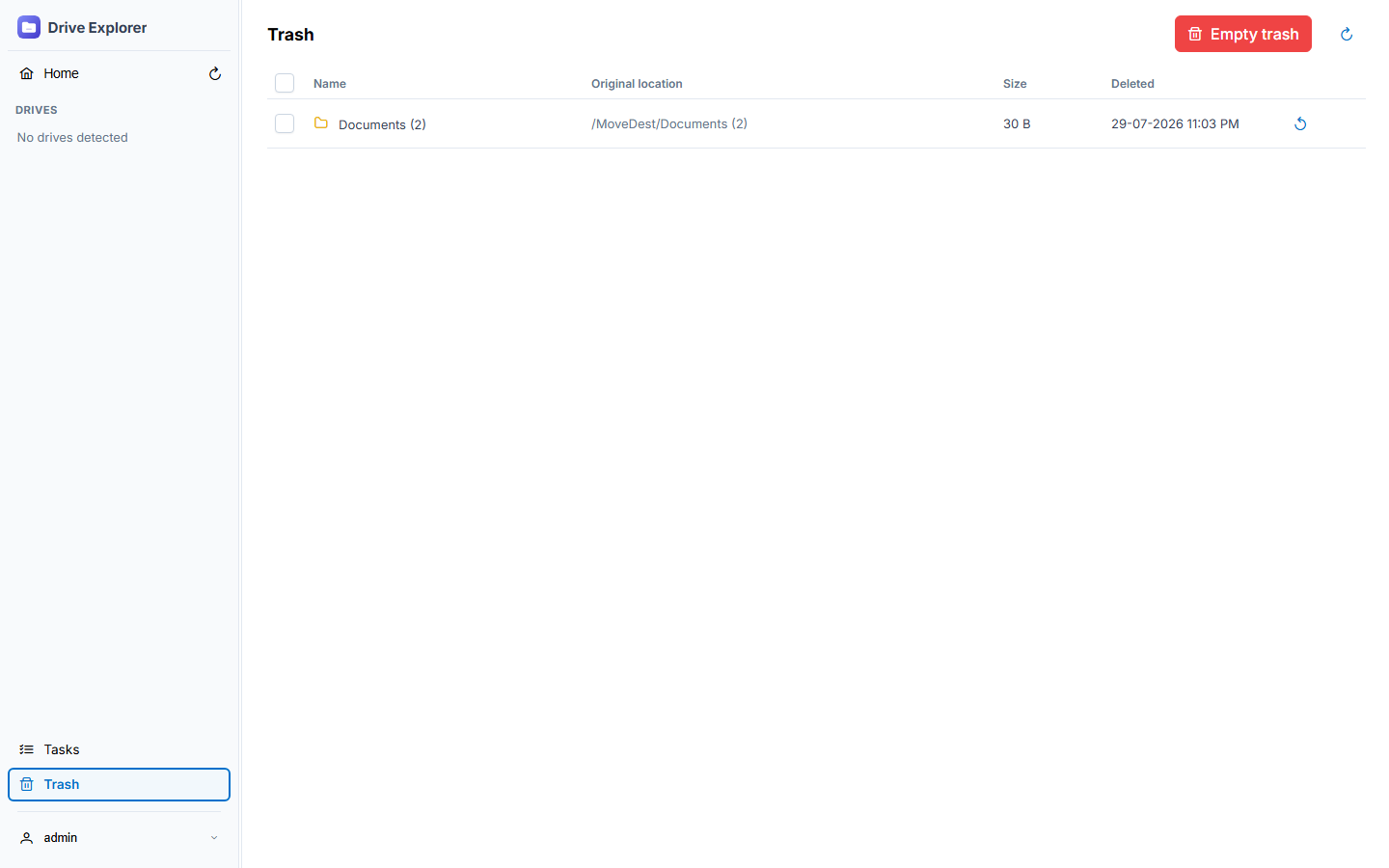 Trash page with restore/purge actions